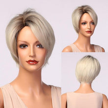 Load image into Gallery viewer, Blonde White Black Ombre Bob Synthetic Wigs for Women Straight Hair Wigs Cosplay Party Wig with bangs Heat Resistant Wigs For Black Women Cosplay Wigs For Women