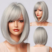 Load image into Gallery viewer, Blonde White Black Ombre Bob Synthetic Wigs for Women Straight Hair Wigs Cosplay Party Wig with bangs Heat Resistant Wigs For Black Women Cosplay Wigs For Women
