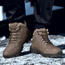 Load image into Gallery viewer, Brown Soft Winter Warm Leather Mens Boots Fur Snow Boots Outdoor Winter Casual Shoes Rubber Ankle Boots Non Slip Fur Lined Boots Leather Comfortable Mens Mountain Shoes