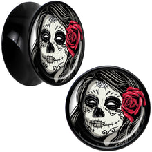 Load image into Gallery viewer, Black Acrylic Katrina Sugar Skull with Rose Flower Saddle Plug Set 9/16