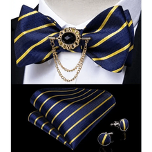 Load image into Gallery viewer, Business Elegant Gold Black Pattern Elegant Wedding Silk Bowtie Men Butterfly Fashion Bow Ties Pocket Square Classic Business Tuxedo Wedding Bowties Handkerchief Set