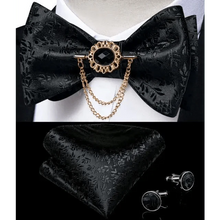 Load image into Gallery viewer, Business Elegant Gold Black Pattern Elegant Wedding Silk Bowtie Men Butterfly Fashion Bow Ties Pocket Square Classic Business Tuxedo Wedding Bowties Handkerchief Set