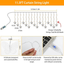 Load image into Gallery viewer, Butterfly Curtain String Lights USB Powered with 8 Modes 96 LED Remote Control
