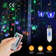 Load image into Gallery viewer, Butterfly Curtain String Lights USB Powered with 8 Modes 96 LED Remote Control