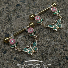 Load image into Gallery viewer, 14G 9/16 Clear Gem Gold Tone Butterfly Flower Nipple Ring Set
