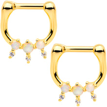 Load image into Gallery viewer, 1/4 White Faux Opal Gold Tone Anodized Tri Spike Nipple Clicker Set
