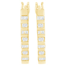 Load image into Gallery viewer, 10K Yellow Gold Round and Baguette Cut Diamond Oblong Hinged Leverback Hoop Earrings (¼ Cttw, I-J Color, I2-I3 Clarity)