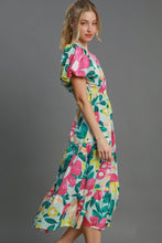 Load image into Gallery viewer, Colorful Full Size Floral Print Puff Sleeve Midi Dress Plus Size Elegant & Feminine Romantic Long Dress