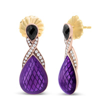 Load image into Gallery viewer, 18K Rose Gold Flash Plated .925 Sterling Silver Purple Enamel 1/5 Cttw Round Pave-Set Diamond and 5.5 x 4mm Pear-Shaped Black Onyx Drop Earrings (F-G Color, VS1-VS2 Clarity)