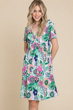 Load image into Gallery viewer, Ruched Floral V-Neck Short Sleeve Summer Dress – Flattering and Feminine Dress with a Chic V-Neckline and Ruched Detailing