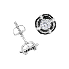Load image into Gallery viewer, Black Rhodium Plated .925 Sterling Silver Round 1-1/2 cttw Diamond Double Halo 4-Prong Solitaire Milgrain Stud Earrings (H-I Color, I2-I3 Clarity)
