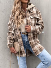 Load image into Gallery viewer, Vintage Retro Style Women Camel Plaid Button Up Jacket with Removable Hood Classic & Cozy Everyday Wear