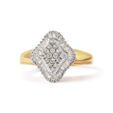 Load image into Gallery viewer, 10K Yellow Gold 1/2 Cttw Round And Baguette-cut Diamond Rhombus Head and Halo Ring (I-J Color, I1-I2 Clarity) - Ring Size 7