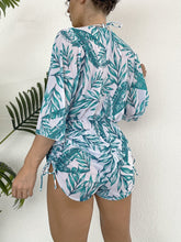 Load image into Gallery viewer, Island Bloom 3-Piece Bikini Set for Women – Tropical Leaf Print Fluttering Swimwear with Flattering Halter Neck Top High Waist Bottoms & Adjustable Drawstring Cover Up – Perfect for Koningsdag Celebrations & Summer Adventures