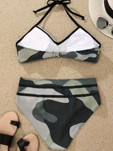 Load image into Gallery viewer, Bikini Camo Print 2 Piece High Cut Halter Swimsuit for Women – Vibrant V Neck Backless Bikini Set with Ruched Detail – Comfortable Stretchy Swimwear for Beach Pool and Summer Vacation