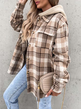 Load image into Gallery viewer, Vintage Retro Style Women Camel Plaid Button Up Jacket with Removable Hood Classic & Cozy Everyday Wear