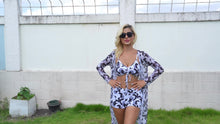 Load image into Gallery viewer, Luxe Lines 3-Piece Geometric Bikini Set for Women – High Rise Drawstring Bikini with Boxer Shorts & Long Sleeve Sheer Kimono Cover-Up – Bold & Breezy Women’s Swimwear for Summer Beach Pool & Getaways