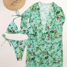 Load image into Gallery viewer, Bikini European Style Floral Print 3 Piece Swimsuit Set for Women – Sexy V Neck Bikini with Cross Strap Detail and Matching Long Sleeve Cover-Up – High Stretch Trendy Swimwear for Summer Beach Vacations Resort Looks and Poolside Fashion