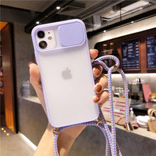 Load image into Gallery viewer, Camera Lens Protection Candy Color Phone Case For iPhone 14 13 12 11 Pro Necklace With Long Rope Lanyard Cover Camera Lens Protector Translucent Soft Edges Colorful Transparent iphone Cover