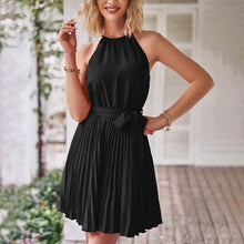 Load image into Gallery viewer, Casual Halter Neck A-Line Dress Sleeveless Belted Swing Pleated Cocktail Party Beach Mini Dresses