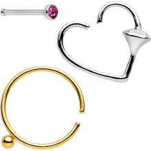 Load image into Gallery viewer, 20G Queen of Hearts Nose Bone Heart Closure Ring Pack Set of 3