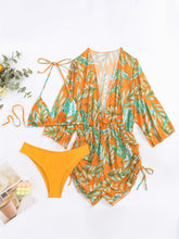 Load image into Gallery viewer, Island Bloom 3-Piece Bikini Set for Women – Tropical Leaf Print Fluttering Swimwear with Flattering Halter Neck Top High Waist Bottoms & Adjustable Drawstring Cover Up – Perfect for Koningsdag Celebrations & Summer Adventures