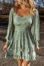 Load image into Gallery viewer, Elegant Ruffle Hem Floral Mini Dress Square Neck Long Sleeve Romantic Dress