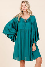 Load image into Gallery viewer, Frill Tie Neck Bell Sleeve Dress For Women – Feminine and Sophisticated Dress with Playful Frill Details and Elegant Bell Sleeves