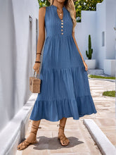 Load image into Gallery viewer, Decorative Dusty Blue Button Notched Sleeveless Dress Elegant & Feminine Style Long Dress For Women