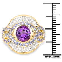 Load image into Gallery viewer, 14K Yellow Gold Plated 3.93 Carat Genuine Amethyst, Tanzanite and White Topaz .925 Sterling Silver Ring