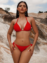 Load image into Gallery viewer, Bikini Solid Red Triangle Halter V Neck 2 Piece Swimsuit for Women – Stretchy Tie Back and Side Laced Bikini Set with Sexy Lace Up Detail – Bold Summer Swimwear for Beach Vacations Pool Parties and Sunbathing Style