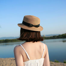 Load image into Gallery viewer, Classic Simple Female Hat For Summer Beach Hat Casual Lady Summer Solid Color Straw Hat Women Elegant Hat Traveling Hats UV Protection Sun Cap Women Flat Bowknot Design Cute Cap Girls Hat 56-58cm