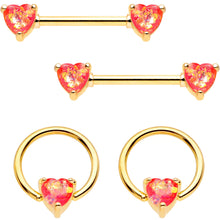Load image into Gallery viewer, 14G Coral Pink Faux Opal Heart BCR Ring Barbell Nipple Ring Set