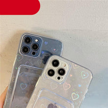 Load image into Gallery viewer, Clear Holographic Love Heart Pattern Cute Case with Card Holder Love Gradient Transparent Soft Case For iPhone 14 13 11 12 Pro Max Mini X XS XR 7 8 Plus Wallet Card Holder Cover