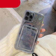 Load image into Gallery viewer, Clear Holographic Love Heart Pattern Cute Case with Card Holder Love Gradient Transparent Soft Case For iPhone 14 13 11 12 Pro Max Mini X XS XR 7 8 Plus Wallet Card Holder Cover