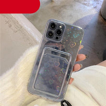 Load image into Gallery viewer, Clear Holographic Love Heart Pattern Cute Case with Card Holder Love Gradient Transparent Soft Case For iPhone 14 13 11 12 Pro Max Mini X XS XR 7 8 Plus Wallet Card Holder Cover