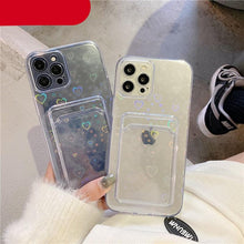 Load image into Gallery viewer, Clear Holographic Love Heart Pattern Cute Case with Card Holder Love Gradient Transparent Soft Case For iPhone 14 13 11 12 Pro Max Mini X XS XR 7 8 Plus Wallet Card Holder Cover
