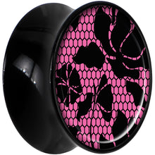 Load image into Gallery viewer, Black Acrylic Pink Floral Lace Saddle Plug Set 20mm