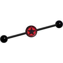 Load image into Gallery viewer, 14G Black Red Distressed Star Black Industrial Barbell 37mm