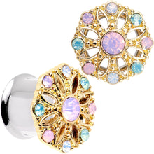 Load image into Gallery viewer, 1/2 Pink Green White Gem Glam Flower Double Flare Tunnel Plug Set