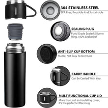 Load image into Gallery viewer, Coffee Thermos 500ml Water Bottle Portable Thermal Travel Sports Mug In-Car Insulated Cup Stainless Steel Vacuum Flasks Double Layer Stainless Steel Vacuum Flask Set with 3 Cups Including Lid