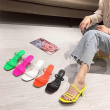 Load image into Gallery viewer, Colorful Women Sandals Slides Slippers Square Open Toe Slip On Thin Mid Heels Pumps Casual Narrow Band Open Toe Sandals Flip Flops Slip On Fashion Dress Heels Back High Heel Slide Slipper