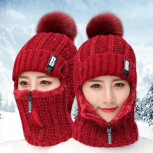 Load image into Gallery viewer, Coral Fleece Winter Women Knitted Hats Add Fur Warm Winter Hats For Women With Zipper Keep Face Warmer Balaclava Pompoms Cap Balaclava Gorgas Bonnet Knitted Hat Windproof Ski Mask Cold Weather Face Mask Motorcycle Balaclava Hood Warmer Winter Sports Cap