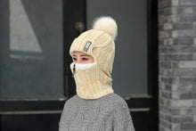 Load image into Gallery viewer, Coral Fleece Winter Women Knitted Hats Add Fur Warm Winter Hats For Women With Zipper Keep Face Warmer Balaclava Pompoms Cap Balaclava Gorgas Bonnet Knitted Hat Windproof Ski Mask Cold Weather Face Mask Motorcycle Balaclava Hood Warmer Winter Sports Cap