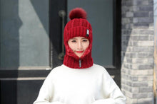 Load image into Gallery viewer, Coral Fleece Winter Women Knitted Hats Add Fur Warm Winter Hats For Women With Zipper Keep Face Warmer Balaclava Pompoms Cap Balaclava Gorgas Bonnet Knitted Hat Windproof Ski Mask Cold Weather Face Mask Motorcycle Balaclava Hood Warmer Winter Sports Cap