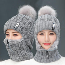 Load image into Gallery viewer, Coral Fleece Winter Women Knitted Hats Add Fur Warm Winter Hats For Women With Zipper Keep Face Warmer Balaclava Pompoms Cap Balaclava Gorgas Bonnet Knitted Hat Windproof Ski Mask Cold Weather Face Mask Motorcycle Balaclava Hood Warmer Winter Sports Cap