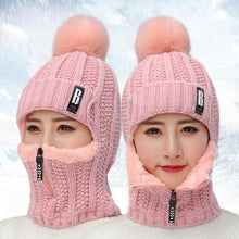 Load image into Gallery viewer, Coral Fleece Winter Women Knitted Hats Add Fur Warm Winter Hats For Women With Zipper Keep Face Warmer Balaclava Pompoms Cap Balaclava Gorgas Bonnet Knitted Hat Windproof Ski Mask Cold Weather Face Mask Motorcycle Balaclava Hood Warmer Winter Sports Cap