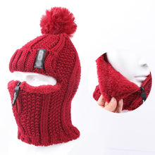 Load image into Gallery viewer, Coral Fleece Winter Women Knitted Hats Add Fur Warm Winter Hats For Women With Zipper Keep Face Warmer Balaclava Pompoms Cap Balaclava Gorgas Bonnet Knitted Hat Windproof Ski Mask Cold Weather Face Mask Motorcycle Balaclava Hood Warmer Winter Sports Cap
