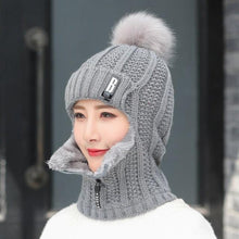 Load image into Gallery viewer, Coral Fleece Winter Women Knitted Hats Add Fur Warm Winter Hats For Women With Zipper Keep Face Warmer Balaclava Pompoms Cap Balaclava Gorgas Bonnet Knitted Hat Windproof Ski Mask Cold Weather Face Mask Motorcycle Balaclava Hood Warmer Winter Sports Cap