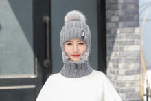 Load image into Gallery viewer, Coral Fleece Winter Women Knitted Hats Add Fur Warm Winter Hats For Women With Zipper Keep Face Warmer Balaclava Pompoms Cap Balaclava Gorgas Bonnet Knitted Hat Windproof Ski Mask Cold Weather Face Mask Motorcycle Balaclava Hood Warmer Winter Sports Cap